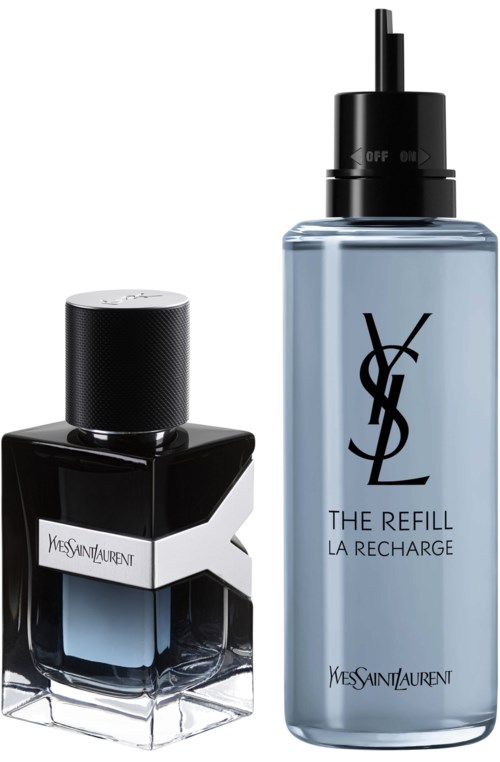 Två Yves Saint Laurent skönhetsprodukter: en nagellack och en refill spray med svart och ljusblå färger.