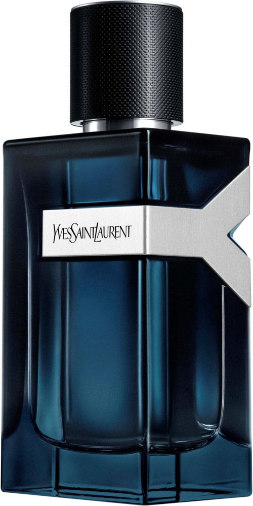 Een blauw glazen parfumfles met een zwart deksel, met Yves Saint Laurent-logo op een witte label.