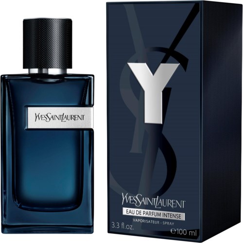 Een donkerblauwe parfumfles met zwarte dop en bijpassend doosje met Yves Saint Laurent, Eau de Parfum Intense.