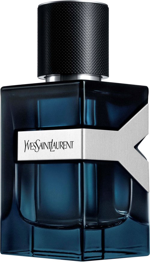 Een donkerblauwe flacon met zwarte dop en wit label met Yves Saint Laurent. De fles heeft een modern, strak ontwerp.