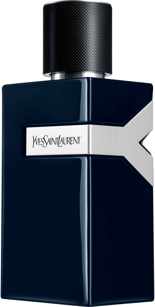 Een donkerblauwe parfumpot met een zwart deksel en een wit etiket met "Yves Saint Laurent".