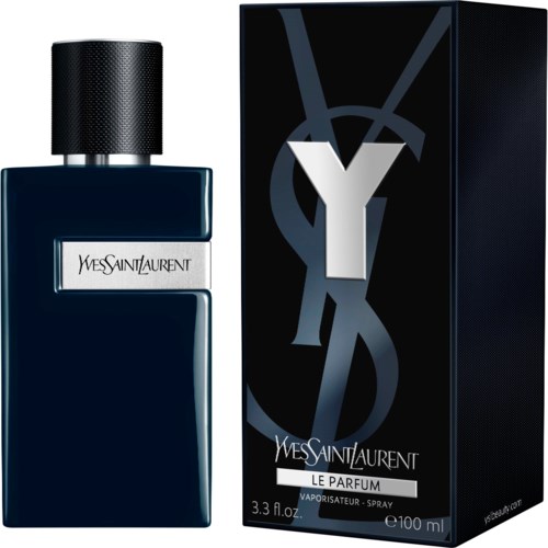 Een donkerblauwe parfumfles naast een zwart doos met YSL-logo en tekst.