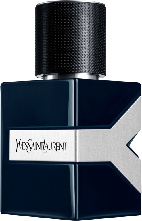 En mörkfärgad parfymflaska med svart texturerad kork och en vit Y-formad design med Yves Saint Laurent-logotyp.