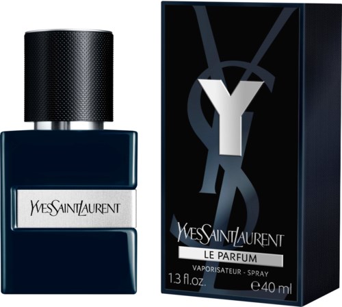 En parfyllflaske och förpackning, båda svarta med silverdetaljer, märkta Yves Saint Laurent, Le Parfum.