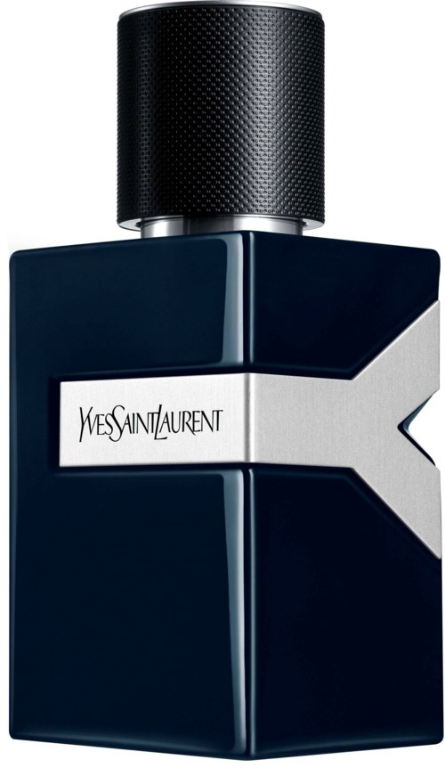 Een donkerblauwe Yves Saint Laurent parfumfles met zwarte dop en wit label.
