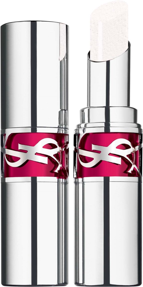 Kirkas hopeanvärinen huultenrajauskynä, jossa on pinkki YSL-logo, avattu ja esittää valkoisen huulipunan.