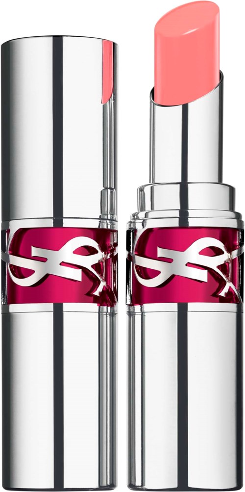 Een glimmende zilveren lippenstift met een roze logo en een lichtroze lipstick die eruit steekt.