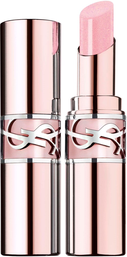 A pink lipstick with a shiny rose gold tube and a decorative logo band, partially opened against a black background.