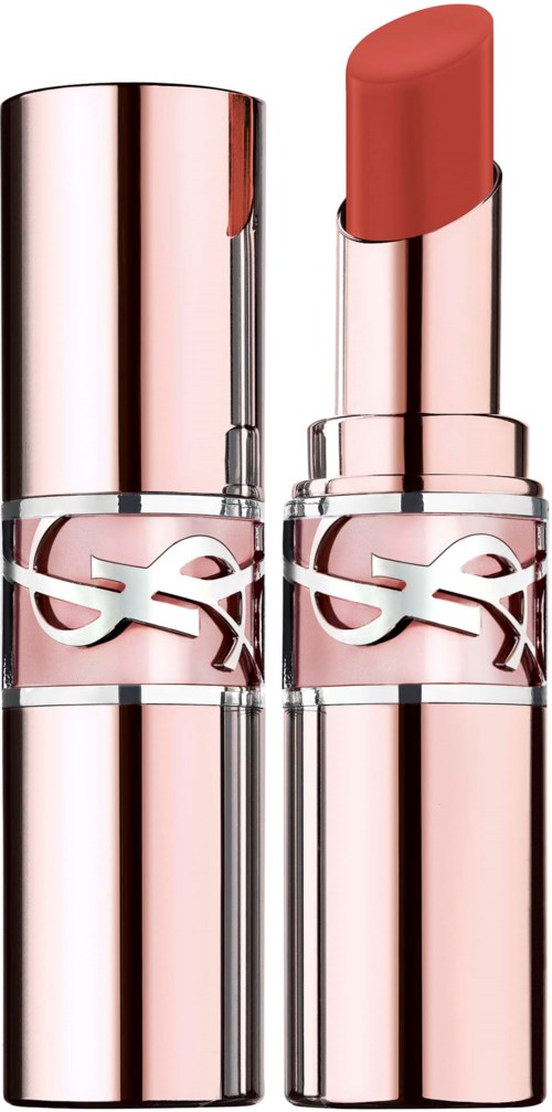 A pink lipstick with a shiny silver case, partly opened showing the lipstick inside.