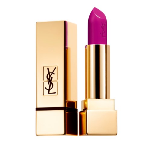 En rosa läppstift i ett glänsande guldfodral med Yves Saint Laurent-logotyp.