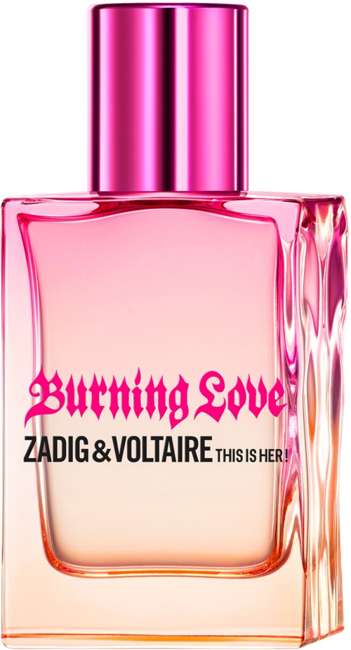 Pinkki tuoksupullo jossa lukee "Burning Love" ja "ZADIG & VOLTAIRE".