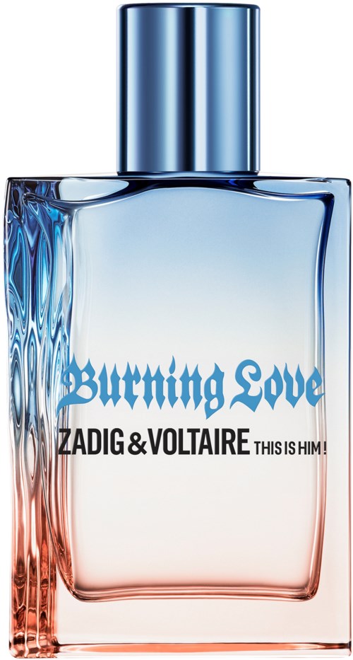 Hajuvesipullo on suorakulmainen, sininen korkki ja aaltomainen väri gradientista sinisestä vaaleanpunaiseksi. Teksti 'Burning Love' ja 'Zadig & Voltaire'.