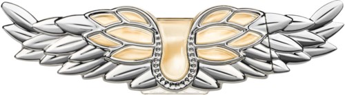 Ein glänzendes silbernes und goldenes Flügel-Schmuckstück mit detaillierten Federn und mit Diamanten verziertes U-Format in der Mitte.