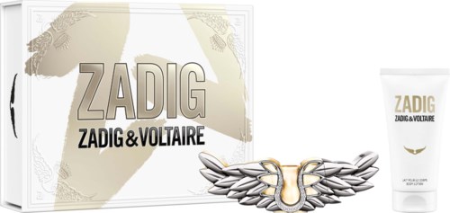 A perfume gift set with a box, a ring-shaped necklace, and a tube of lotion, all from Zadig & Voltaire.
