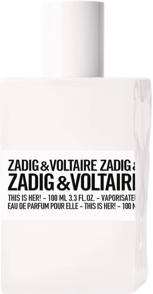 Eine weiße Parfümflasche mit schwarzem Text Zadig & Voltaire, für sie.
