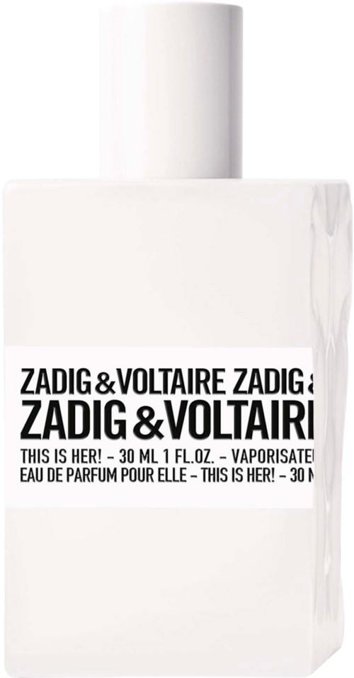 Eine weiße Parfümflasche mit schwarzen Text, Zadig & Voltaire, Name "This is Her!" Parfüm, 30 ml.