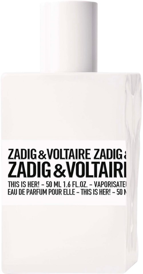 Eine weiße Parfü bottle mit schwarzem Text, Zadig & Voltaire, und Duftdetails.