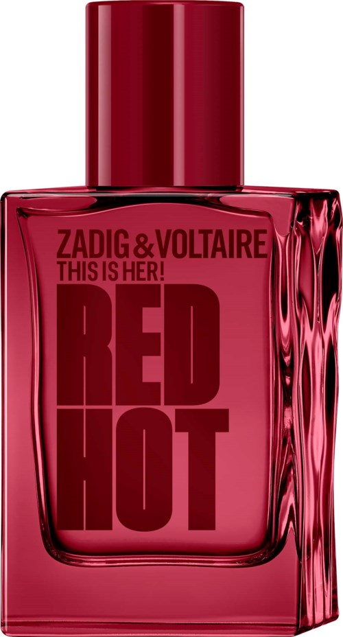 Red perfume bottle with bold black text and a red cap, labeled Zadig & Voltaire Red Hot.