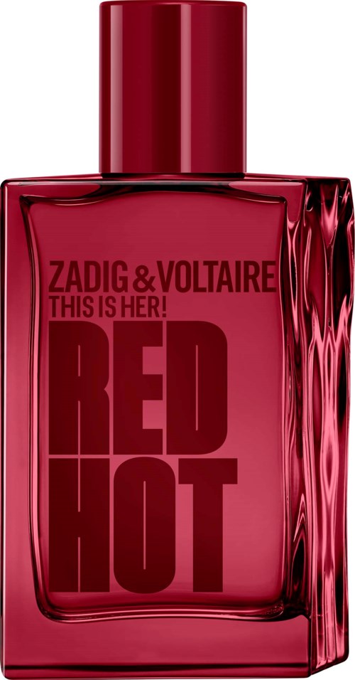 Red perfume bottle with black text that says Zadig & Voltaire Red Hot and This is Her.