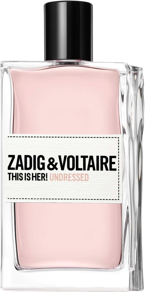 En glasflaska med parfym med rosa vätska, svart lock och en etikett som säger Zadig & Voltaire, This is Her! Undressed.