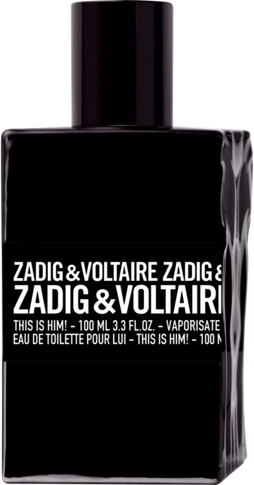 Eine schwarze Flasche von Zadig & Voltaire This is Him Duft mit weißen Text und schlichtem Design.