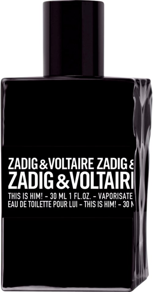 Eine schwarze Flasche mit weißem Text, gekennzeichnet Zadig & Voltaire This Is Him Parfüm, 30 ml, Zerstäuber.