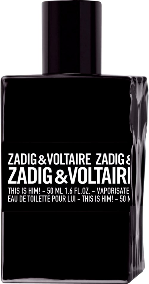 Eine schwarze Parfümflasche mit weißen Text, die Zadig & Voltaire, 50 ml, für Männer sagt.
