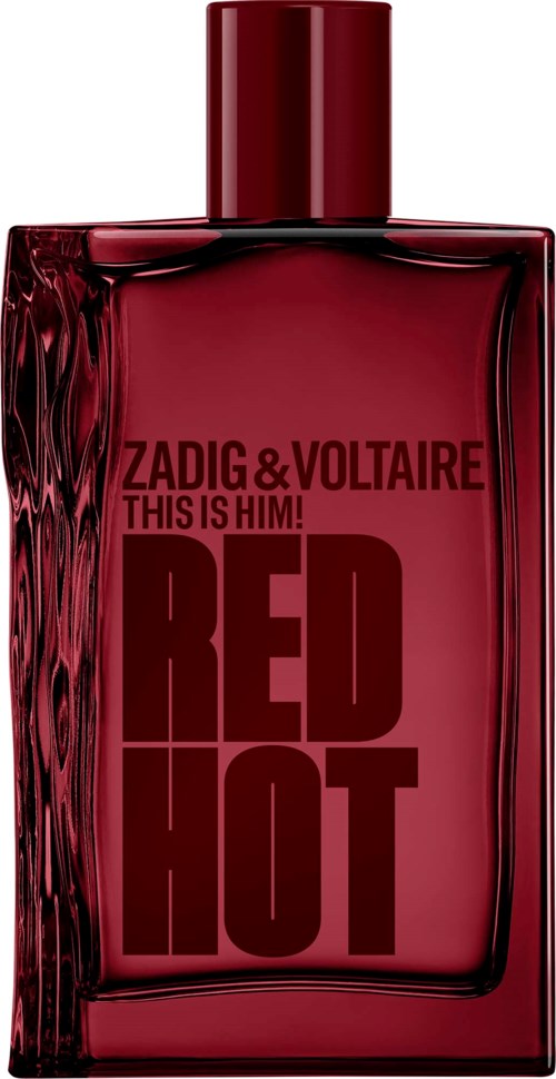 A red perfume bottle with a square shape and a matching red cap, labeled Zadig & Voltaire Red Hot.