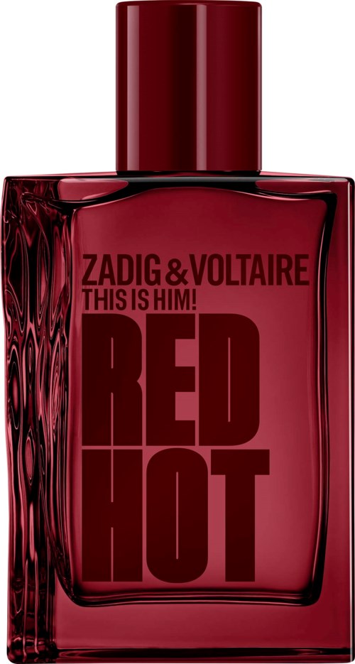 Rød parfymeflaske med svart tekst som sier Zadig & Voltaire Red Hot og This is Him.