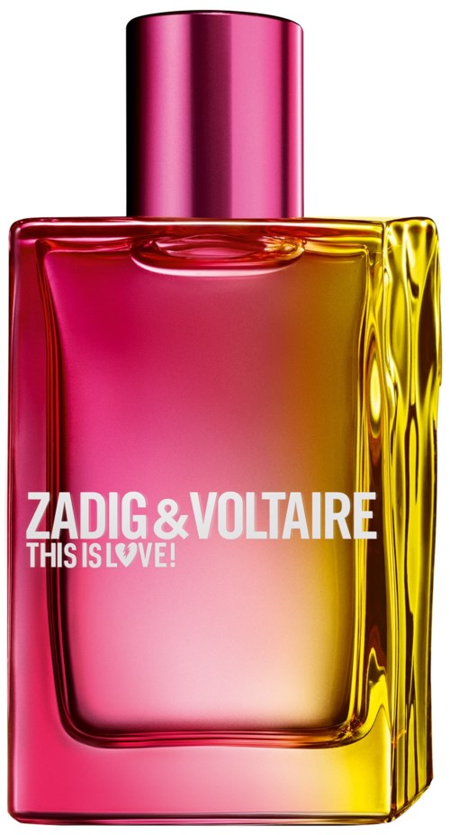 Färgglad parfymflaska med rosa, gula och orange nyanser, märkt Zadig & Voltaire, med texten "This is Love."