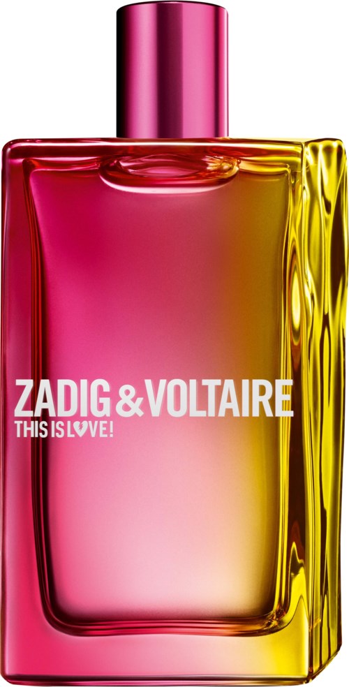 En färgglad parfyllflaska i rosa, gul och röd nyans, märkt 'Zadig & Voltaire This Is Love!'.