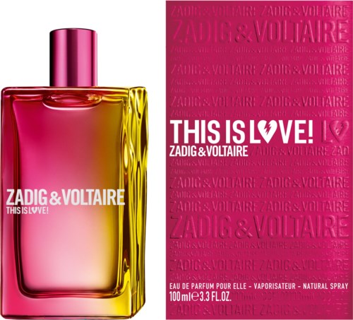 En parfyllflaska med rosa lock och guldtonat innehåll bredvid en rosa förpackning med varumärke och produktinformation.