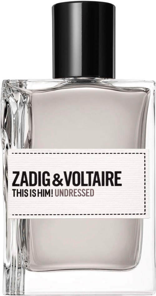 Eine transparente Parfümflasche mit schwarzem Deckel, beschriftet Zadig & Voltaire, This is Him Undressed.