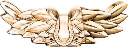 Ein metallenes Abzeichen mit Flügeln und einer zentralen Hufeisenform, goldfarben und glänzend, auf schwarzem Hintergrund.