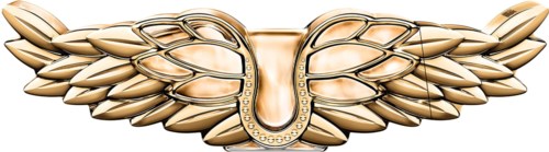 Ein glänzendes, goldenes Flügel-Logo mit einem geschwungenen, dekorativen U in der Mitte.
