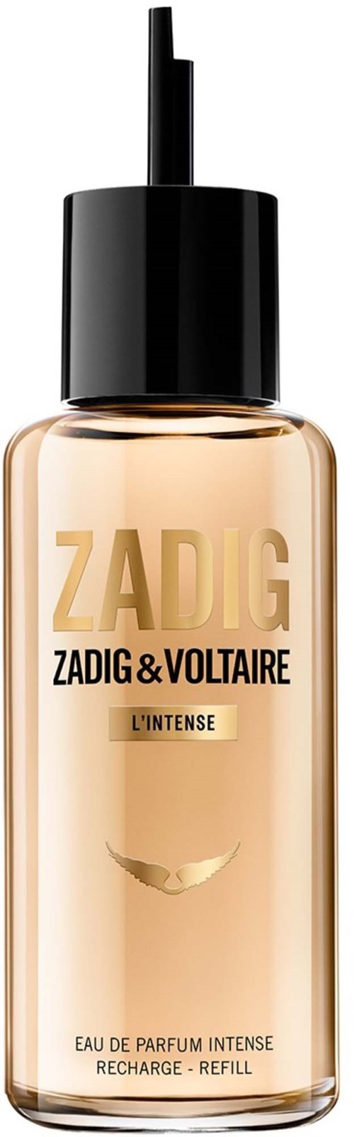 Ein Parfümflasche mit schwarzen Kappen, goldigem Etikett und klaren Details, beschriftet Zadig & Voltaire L'Intense.