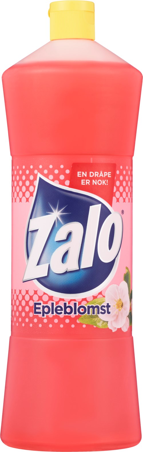 En rosa flaska med Zalo diskmedel med gul kapsyl, märkt 'Epleblomst' och en blombild.