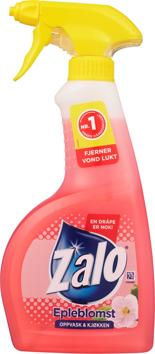 En sprayflaska av Zalo rengöringsspray med doft av äppelblomma, röd och gul färg, och en spraymunstycke.