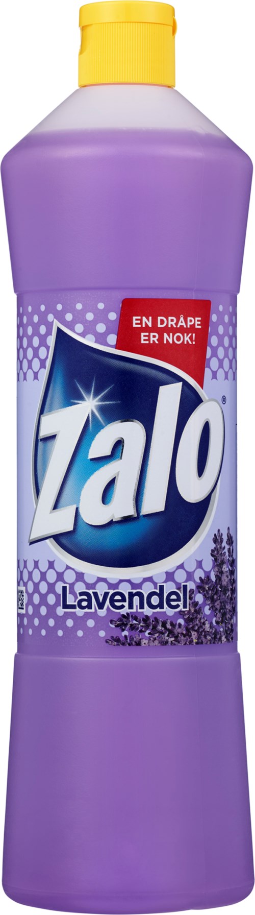 En lila flaska med gul kork, märkt Zalo lavendel tvättmedel.