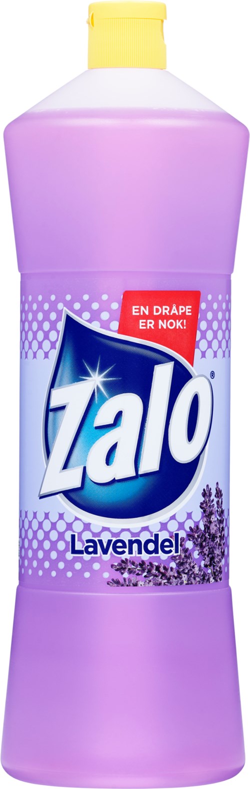 En lila flaska med Zalo lavendeldiskmedel med gul kork och röd etikett.