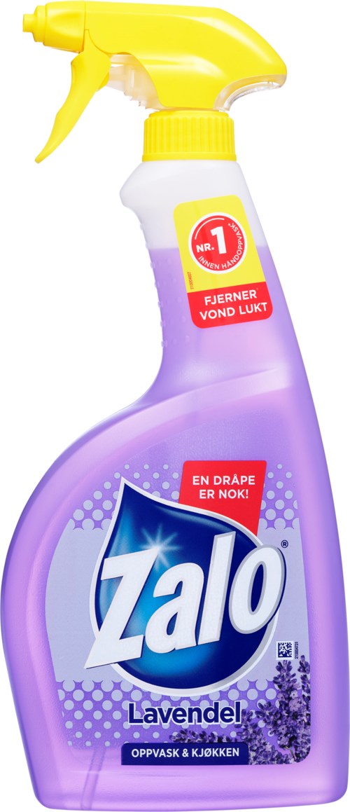 En lavendelrengöringssprayflaska med gul sprayhuvud och etikett som påstår att den tar bort lavendel-lukt.