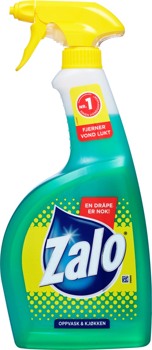 En sprayflaska med grönt vätska, gul sprayhuvud och Zalo-logga för rengöring. Den bekämpar dålig lukt.
