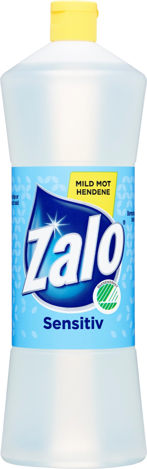 En genomskinlig flaska med gul kork, märkt Zalo Sensitiv, innehåller ett rengöringsmedel för känslig hud.