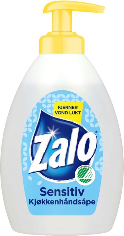 En vit flaska med gul pump, märkt Zalo Sensitiv köksparfym, som tar bort envisa dofter.