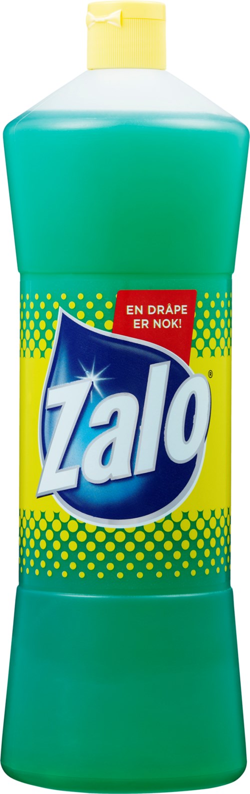 En stor flaska Zalo diskmedel med gul och grön etikett och ljusgrönt vätska inuti.