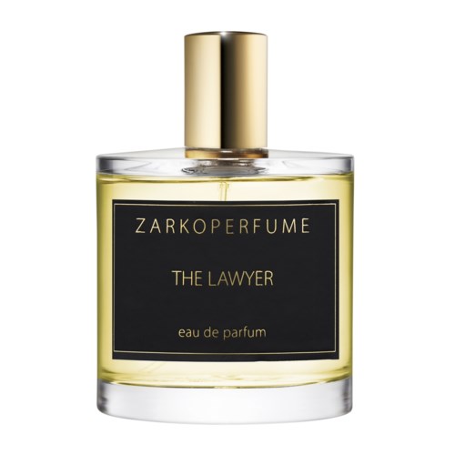 Hajupullo, jossa musta etiketti ja kultainen suutin, sisältää keltaista nestettä. Esiintyvät tekstit ovat "ZARKOPERFUME THE LAWYER."