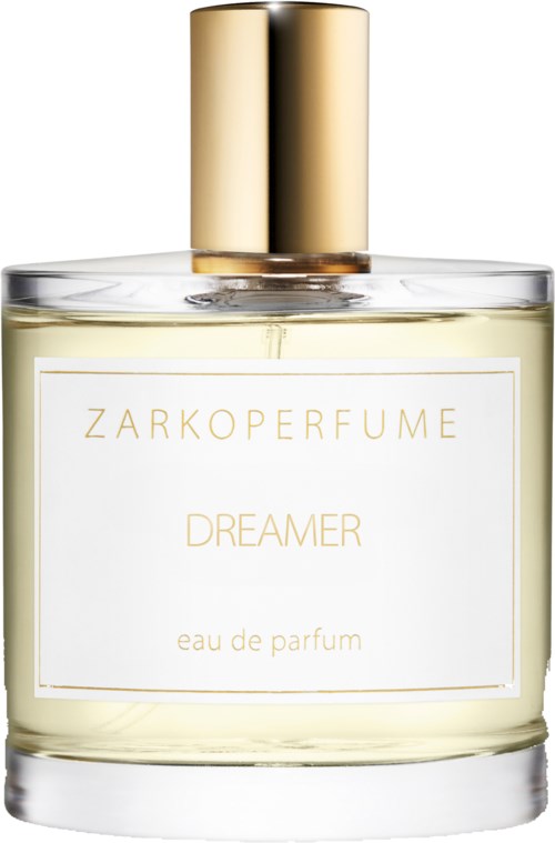 Hajuvesilasia, jossa lukee 'Zarkoperfume Dreamer', kultainen kansi, kirkas lasi ja vaaleankeltainen neste.