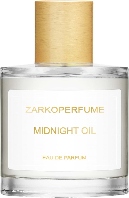A perfume bottle labeled Zarkoparfume Midnight Oil with a wooden cap and clear glass container.