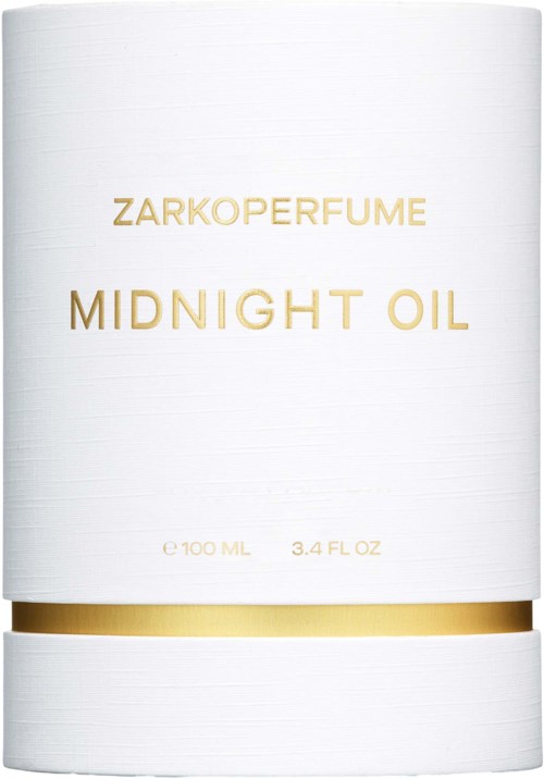 A white container labeled ZARKOPERFUME MIDNIGHT OIL with gold text and a gold stripe at the bottom.