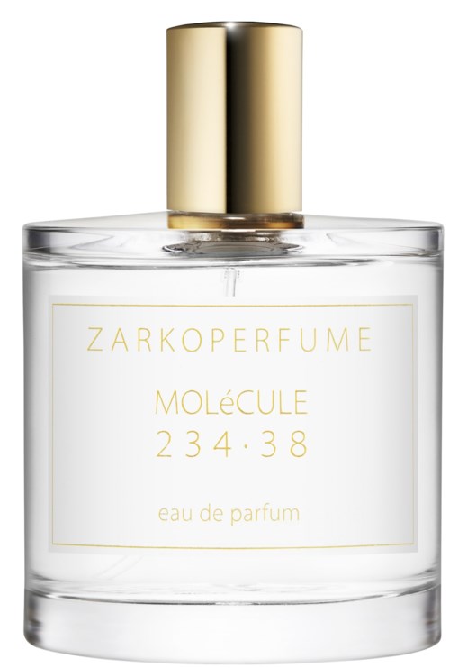 Läpinäkyvä tuoksulasi kultaisella korkilla ja minimalistisella etiketillä kuten "ZARKOPERFUME MOLECULE 234.38 eau de parfum."